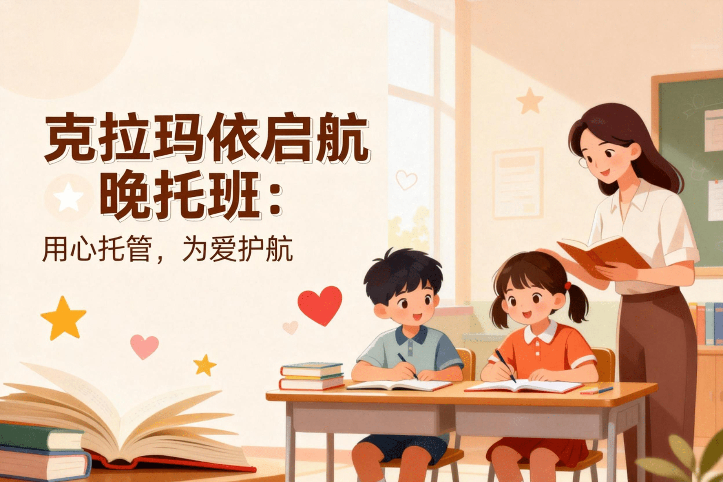 jimeng-2026-04-24-8764-克拉玛依启航晚托班宣传封面，标题为艺术字体“克拉玛依启航晚托班：用心托管，为爱护..._new.png